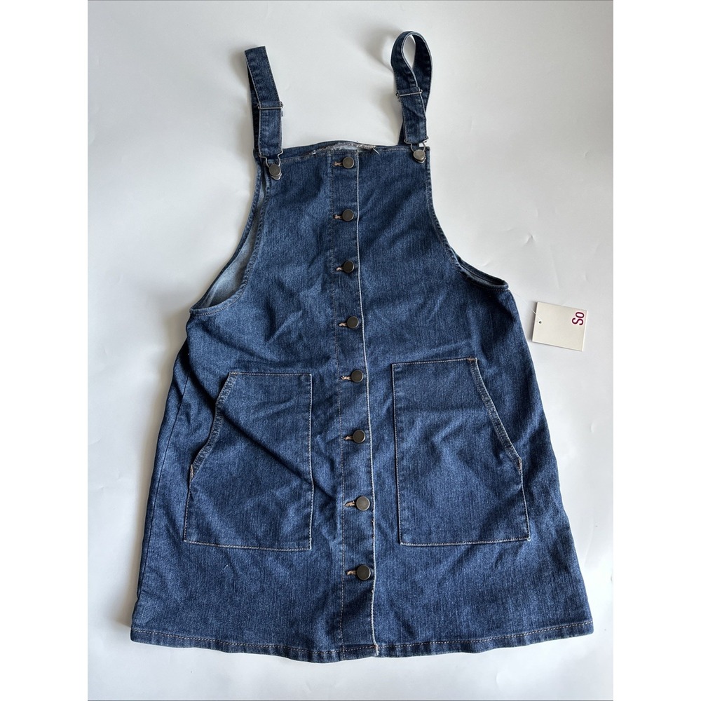 SO Mini Skirt Overalls Stretch Denim Blue Pockets Front Button Dress LARGE NEW